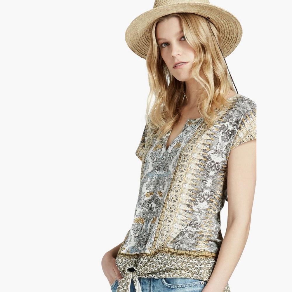 Lucky Brand Boho Yellow Ornate Floral Tie Waist Top